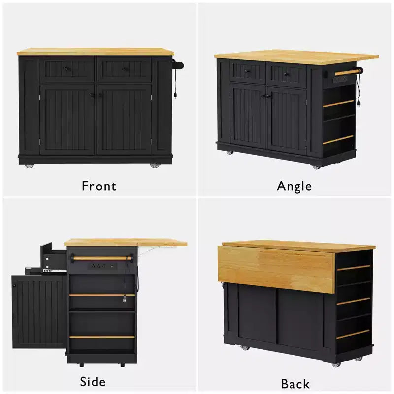 48-inch Large Kitchen Island, Folding Leaf Panel, 5-Wheel Mobile Storage Cart with 5 Open Side Shelves (Does Not Include Stools) Black