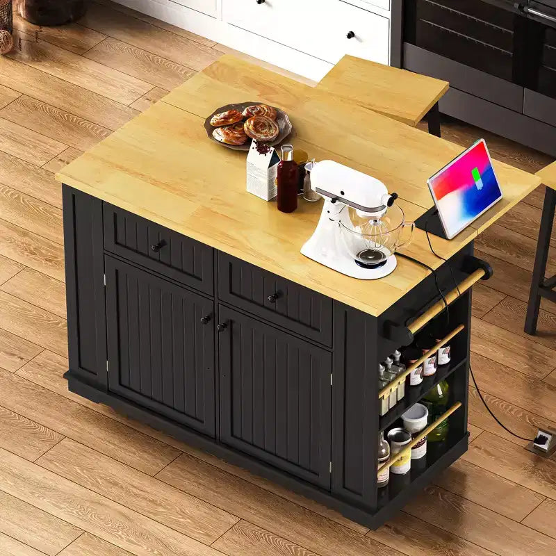 48-inch Large Kitchen Island, Folding Leaf Panel, 5-Wheel Mobile Storage Cart with 5 Open Side Shelves (Does Not Include Stools) Black