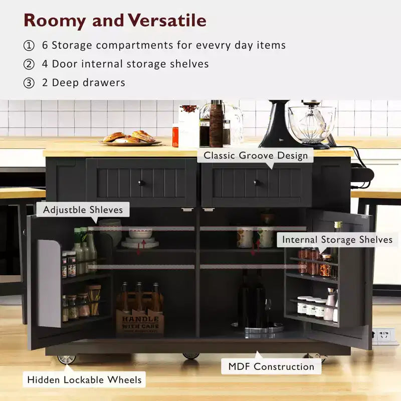 48-inch Large Kitchen Island, Folding Leaf Panel, 5-Wheel Mobile Storage Cart with 5 Open Side Shelves (Does Not Include Stools) Black