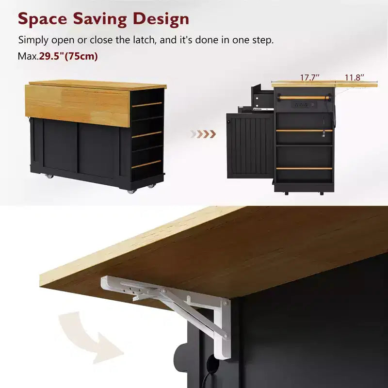 48-inch Large Kitchen Island, Folding Leaf Panel, 5-Wheel Mobile Storage Cart with 5 Open Side Shelves (Does Not Include Stools) Black