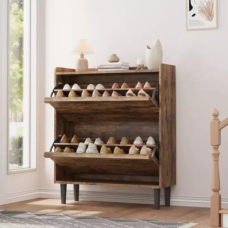 Shoe Cabinet with Flip Drawers, Freestanding Hidden Wood Shoe Storage for Entryway Hallway