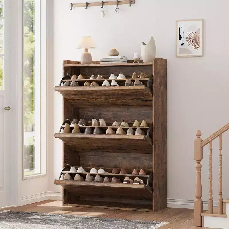 Shoe Cabinet with Flip Drawers, Freestanding Hidden Wood Shoe Storage for Entryway Hallway
