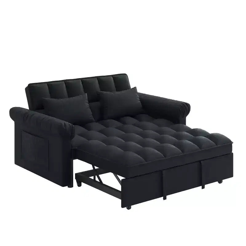 Flannel Upholstered Loveseat Sofa Bed with Pull-out Bed, Adjustable Back