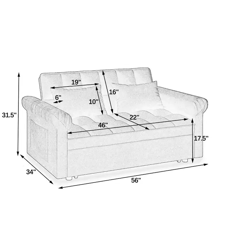 Flannel Upholstered Loveseat Sofa Bed with Pull-out Bed, Adjustable Back