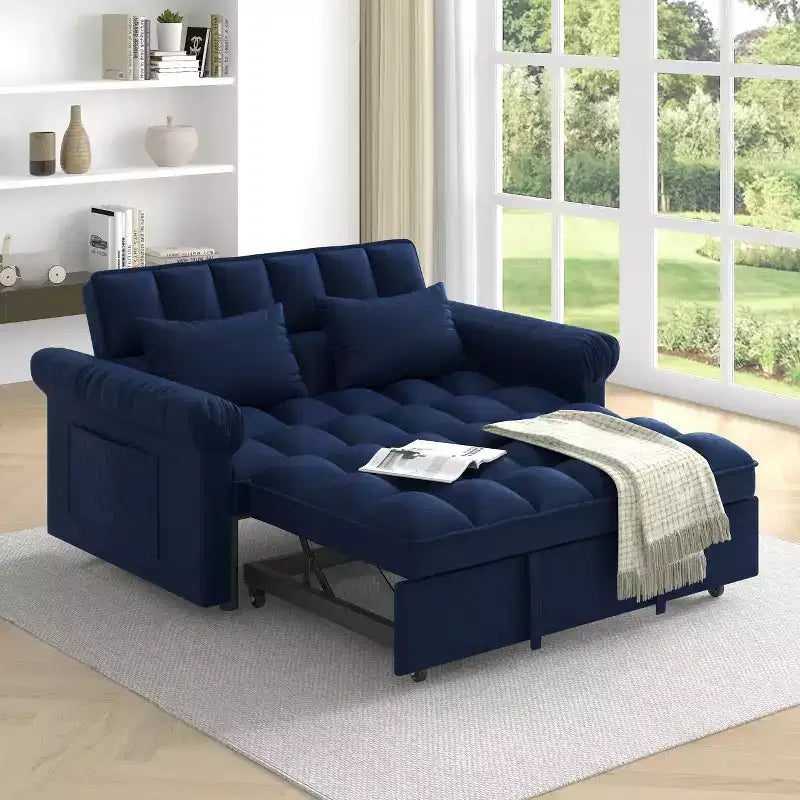 Flannel Upholstered Loveseat Sofa Bed with Pull-out Bed, Adjustable Back