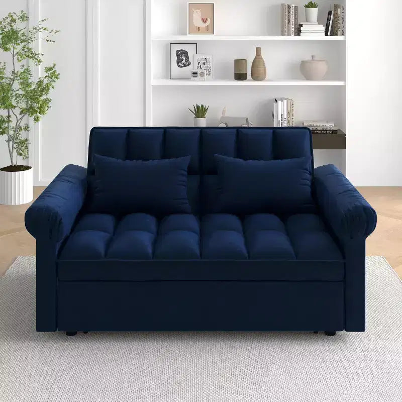 Flannel Upholstered Loveseat Sofa Bed with Pull-out Bed, Adjustable Back