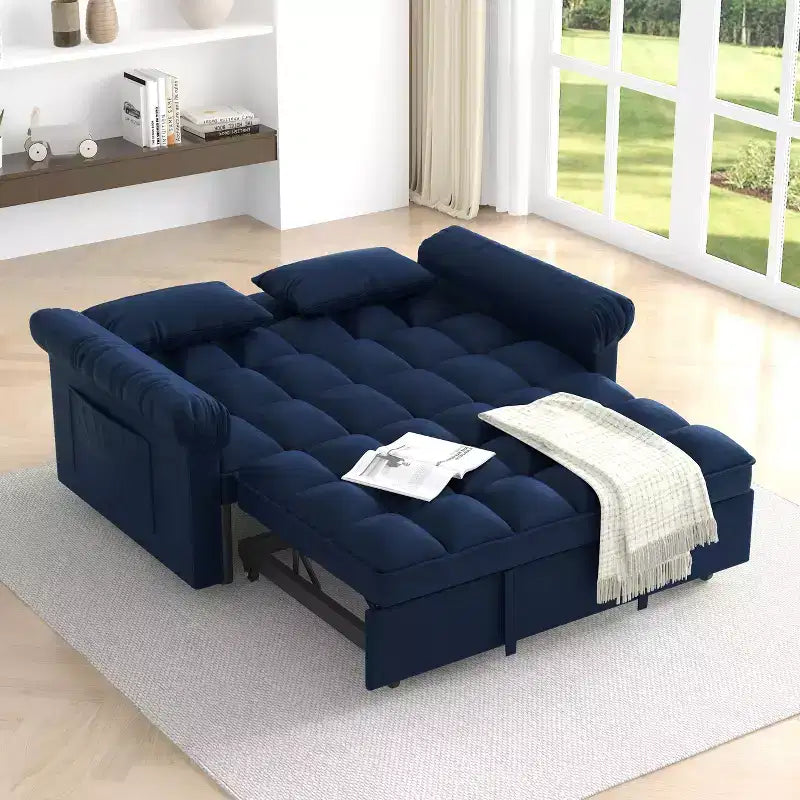 Flannel Upholstered Loveseat Sofa Bed with Pull-out Bed, Adjustable Back