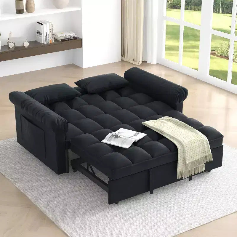 Flannel Upholstered Loveseat Sofa Bed with Pull-out Bed, Adjustable Back