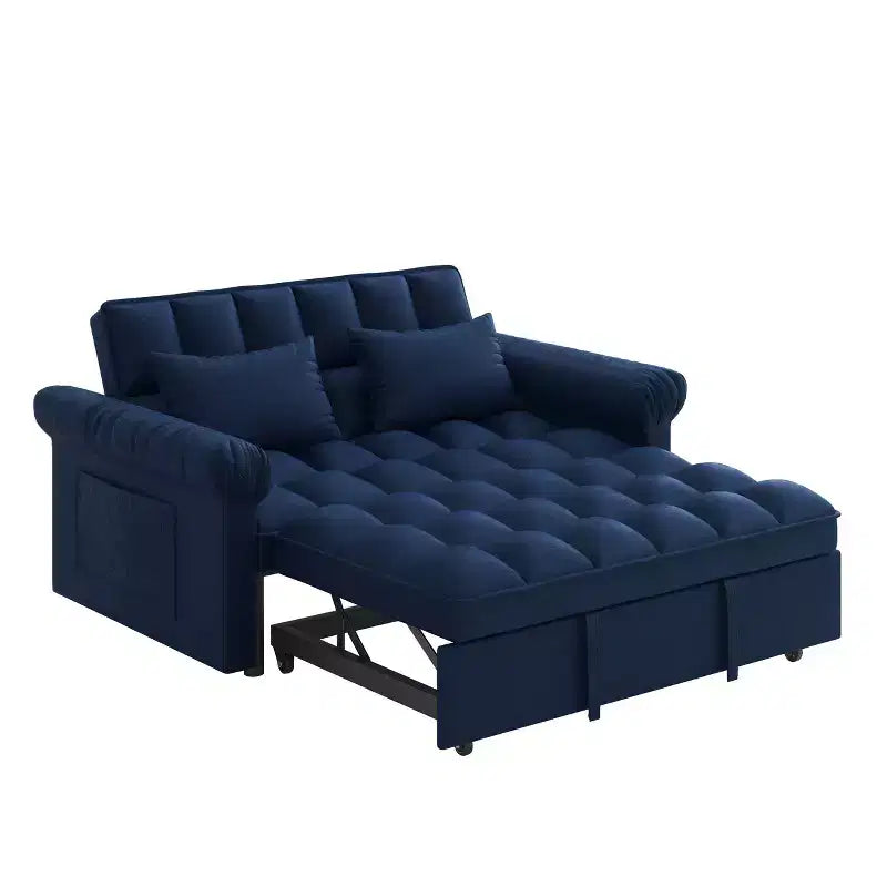 Flannel Upholstered Loveseat Sofa Bed with Pull-out Bed, Adjustable Back