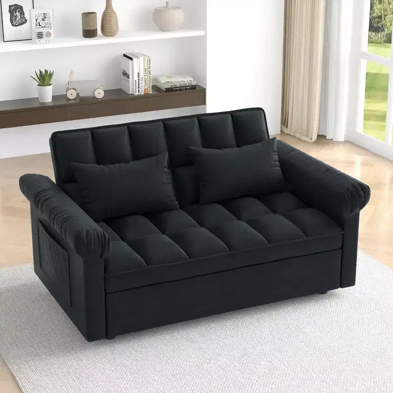 Flannel Upholstered Loveseat Sofa Bed with Pull-out Bed, Adjustable Back