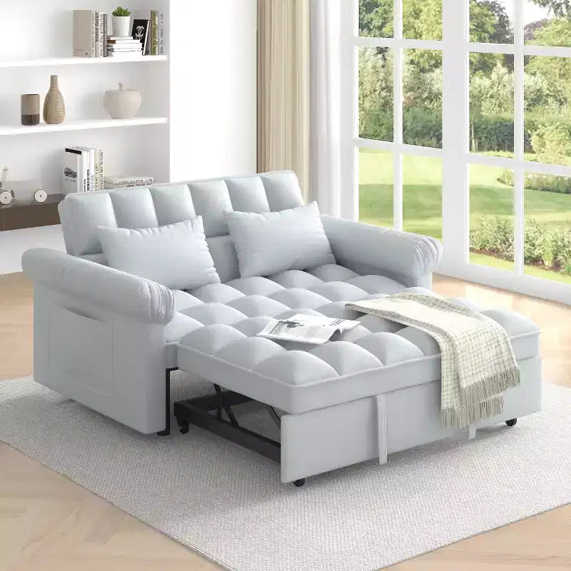 Flannel Upholstered Loveseat Sofa Bed with Pull-out Bed, Adjustable Back
