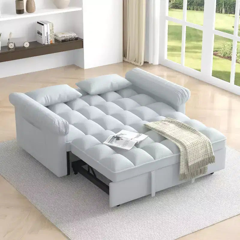 Flannel Upholstered Loveseat Sofa Bed with Pull-out Bed, Adjustable Back