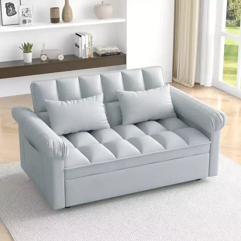 Flannel Upholstered Loveseat Sofa Bed with Pull-out Bed, Adjustable Back