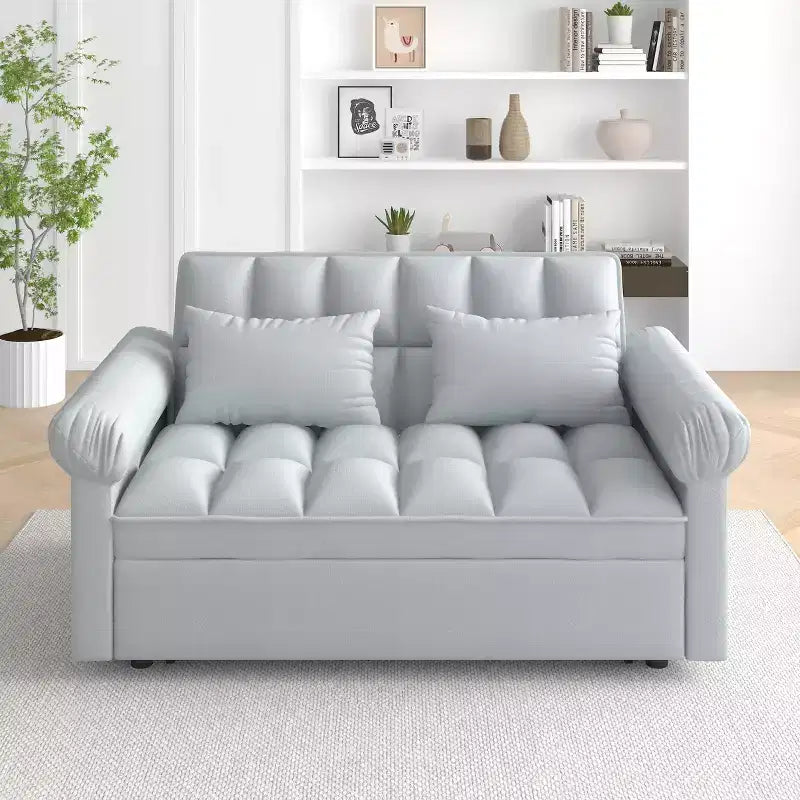 Flannel Upholstered Loveseat Sofa Bed with Pull-out Bed, Adjustable Back