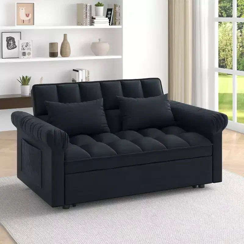 Flannel Upholstered Loveseat Sofa Bed with Pull-out Bed, Adjustable Back