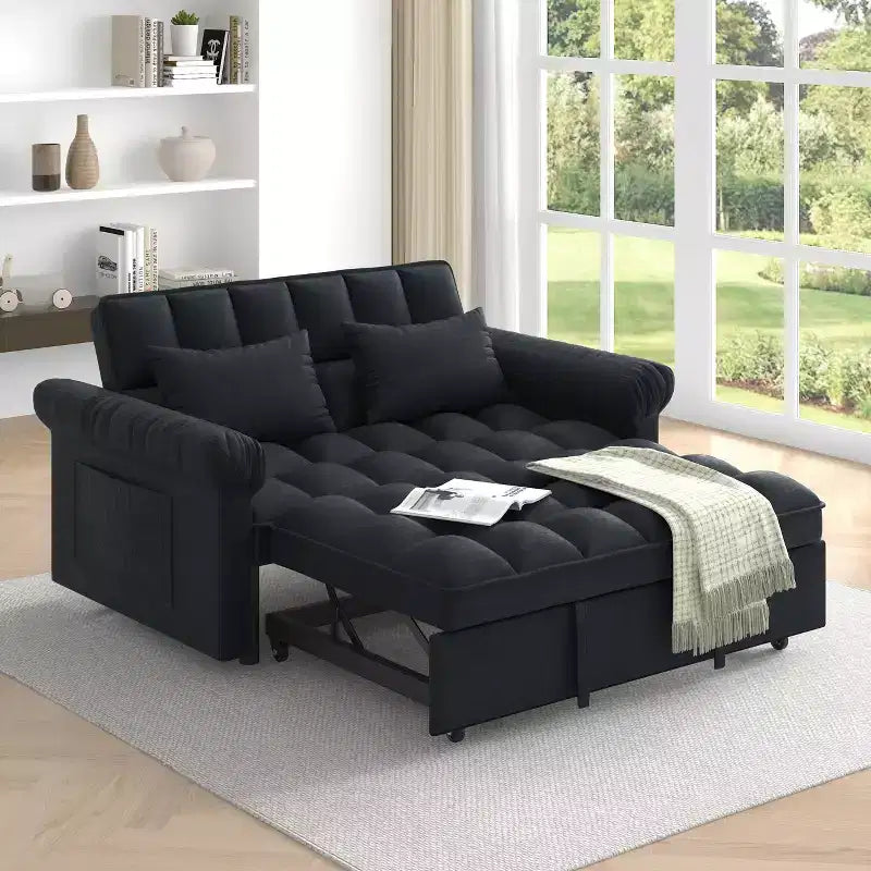 Flannel Upholstered Loveseat Sofa Bed with Pull-out Bed, Adjustable Back