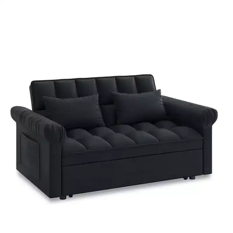 Flannel Upholstered Loveseat Sofa Bed with Pull-out Bed, Adjustable Back