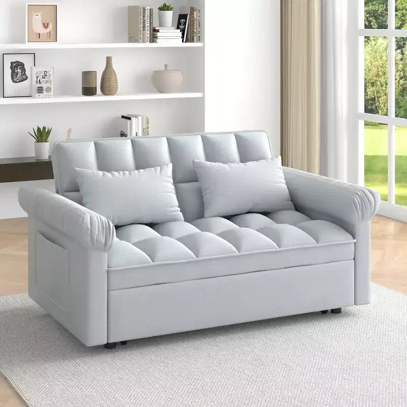 Flannel Upholstered Loveseat Sofa Bed with Pull-out Bed, Adjustable Back