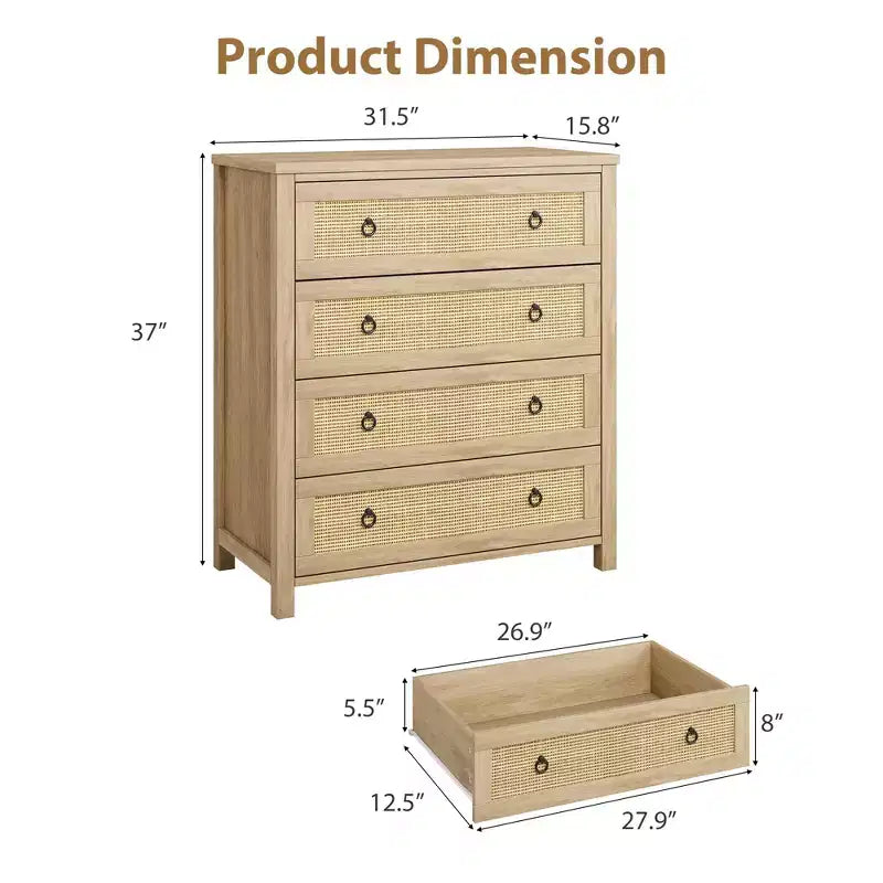 4-Drawer Dresser with Rattan & Metal Handles – Narrow Wooden Storage Cabinet