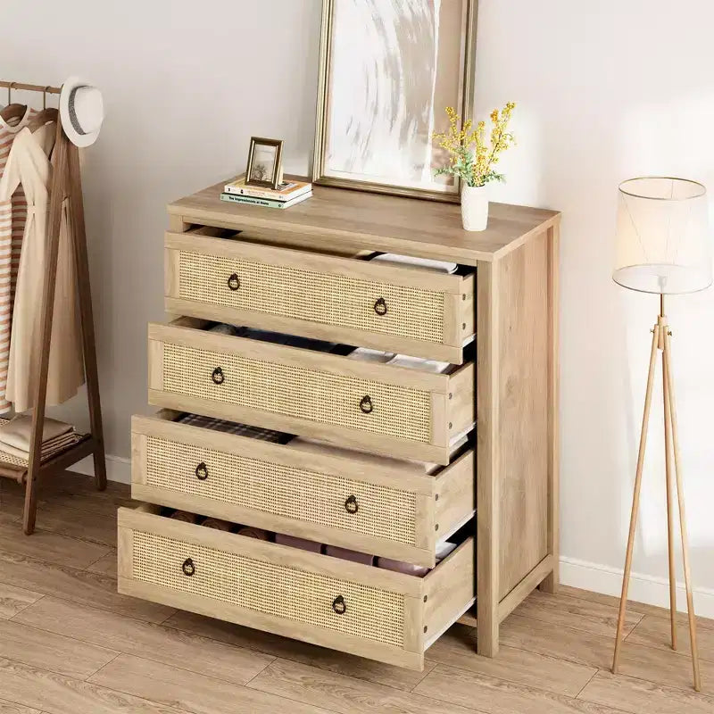 4-Drawer Dresser with Rattan & Metal Handles – Narrow Wooden Storage Cabinet