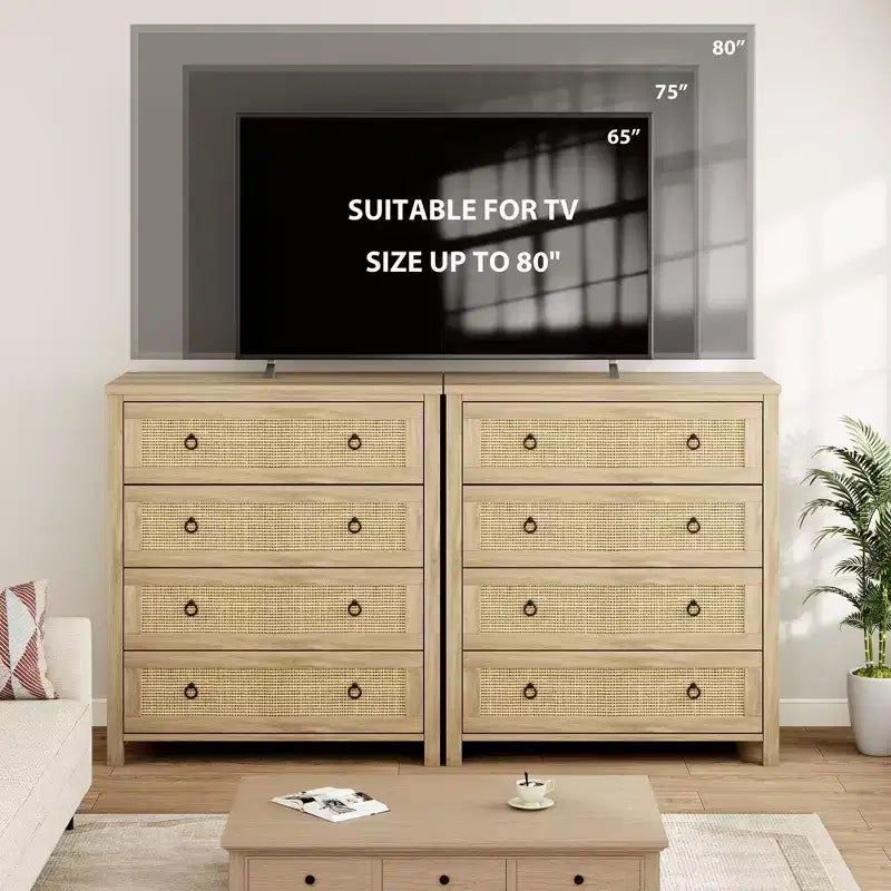 4-Drawer Dresser with Rattan & Metal Handles – Narrow Wooden Storage Cabinet