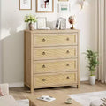 4 Drawer Dresser for Bedroom, Rattan Chest of Drawers with Metal Handles, 37 Tall Narrow Nightstand, Wooden Clothes Storage Cabinet for Living Room