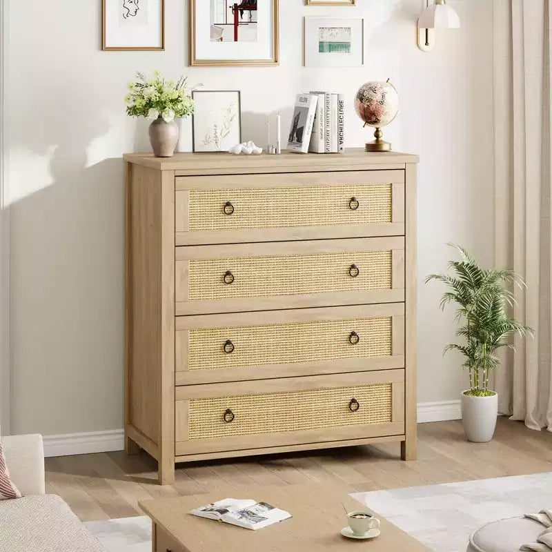 4 Drawer Dresser for Bedroom, Rattan Chest of Drawers with Metal Handles, 37 Tall Narrow Nightstand, Wooden Clothes Storage Cabinet for Living Room