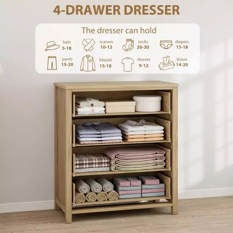 4-Drawer Dresser with Rattan & Metal Handles – Narrow Wooden Storage Cabinet