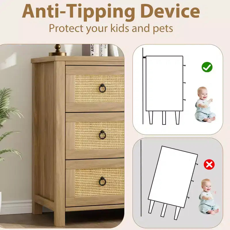 4-Drawer Dresser with Rattan & Metal Handles – Narrow Wooden Storage Cabinet