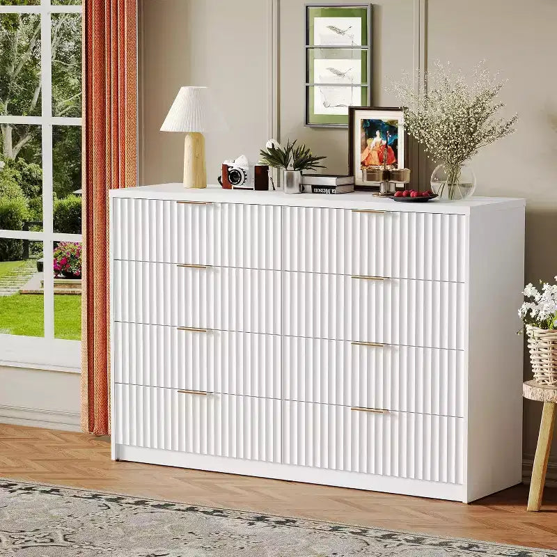 Groove-patterned vanity table with 8 drawers and double layers, large capacity with anti-tilt design, equipped with metal handles