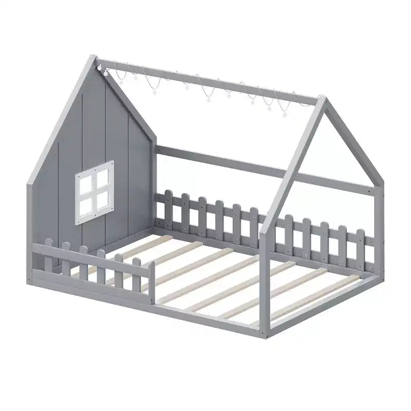 Full Size Kids Floor Bed, Wood House Bed with Fence, LED Light, Window & Roof
