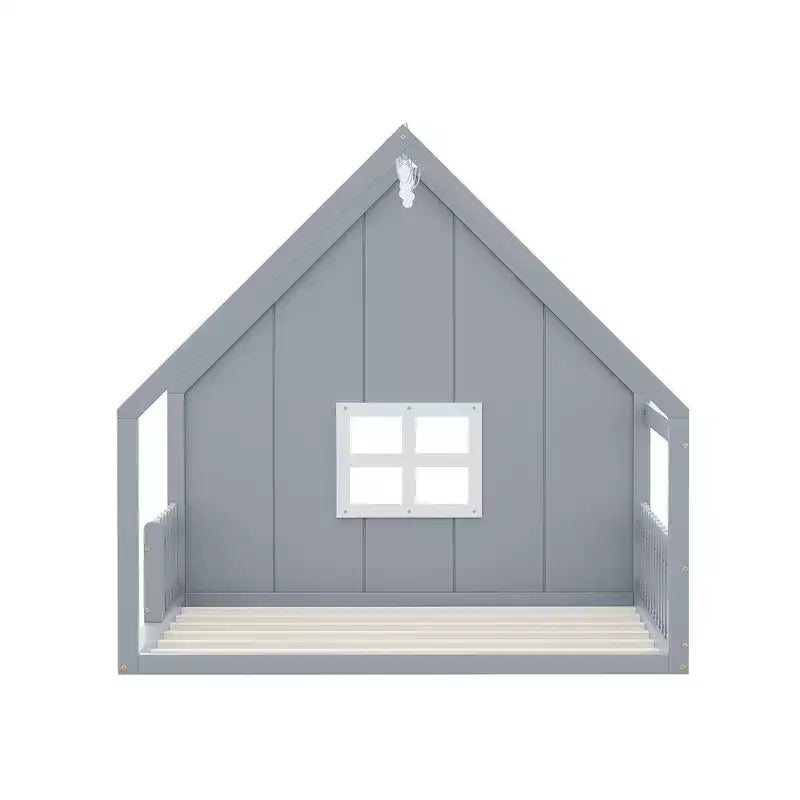 Full Size Kids Floor Bed, Wood House Bed with Fence, LED Light, Window & Roof