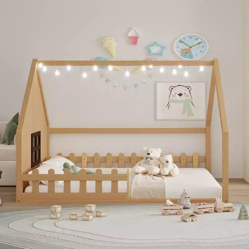 Full Size Kids Floor Bed, Wood House Bed with Fence, LED Light, Window & Roof