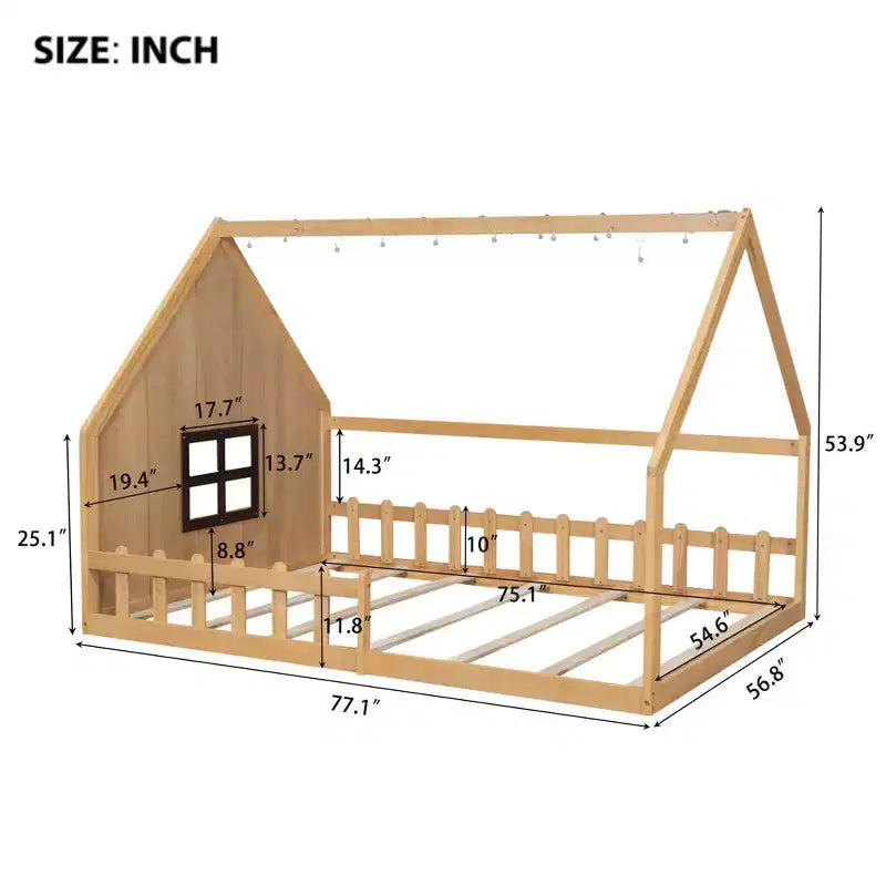 Full Size Kids Floor Bed, Wood House Bed with Fence, LED Light, Window & Roof