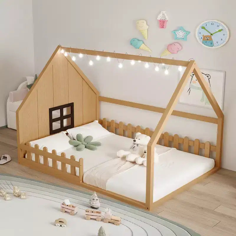Full Size Kids Floor Bed, Wood House Bed with Fence, LED Light, Window & Roof