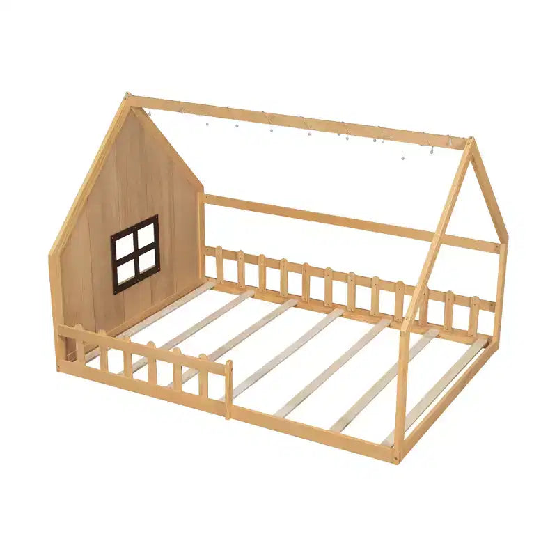 Full Size Kids Floor Bed, Wood House Bed with Fence, LED Light, Window & Roof