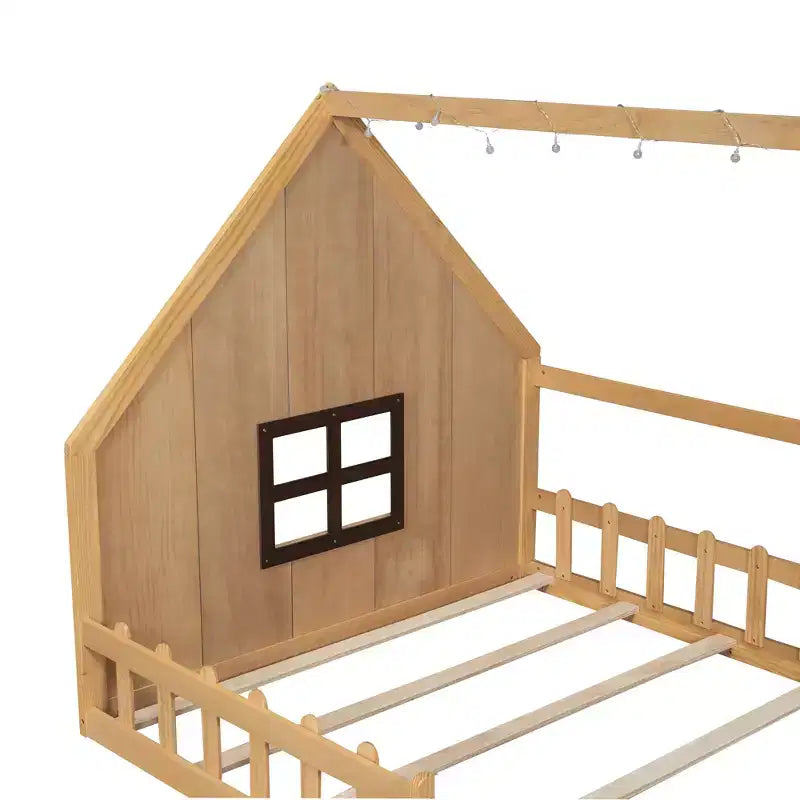 Full Size Kids Floor Bed, Wood House Bed with Fence, LED Light, Window & Roof
