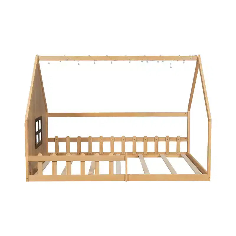 Full Size Kids Floor Bed, Wood House Bed with Fence, LED Light, Window & Roof