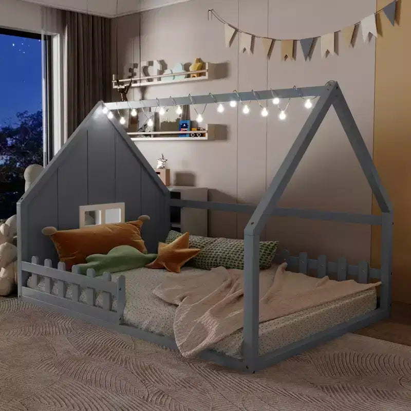 Full Size Kids Floor Bed, Wood House Bed with Fence, LED Light, Window & Roof