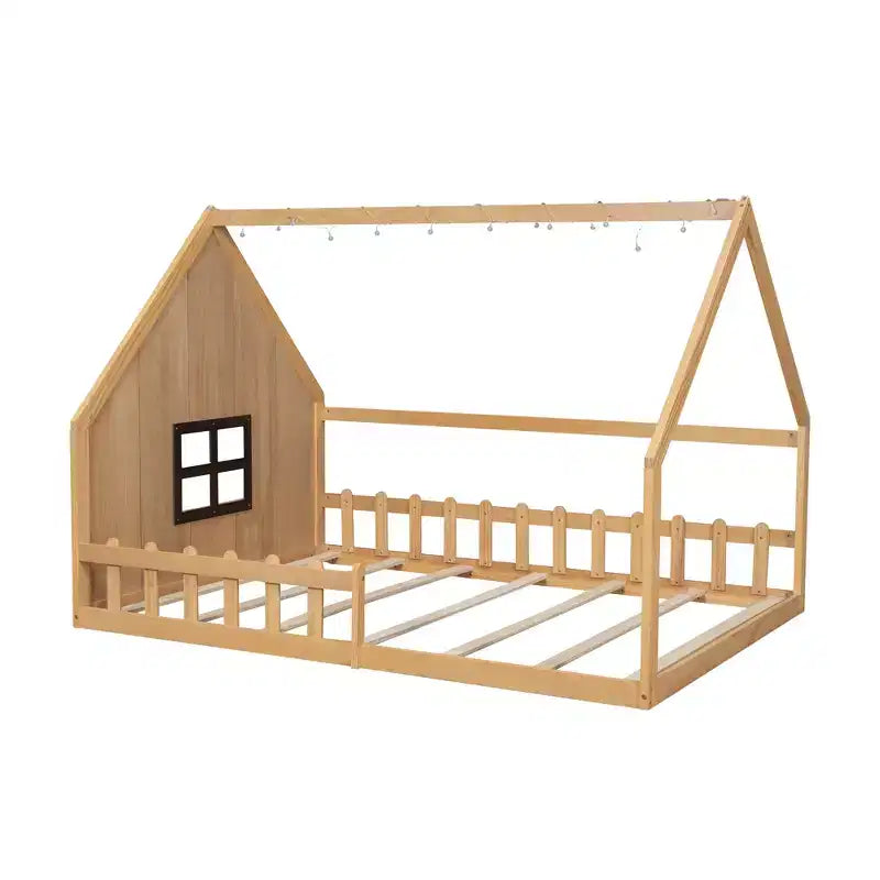 Full Size Kids Floor Bed, Wood House Bed with Fence, LED Light, Window & Roof