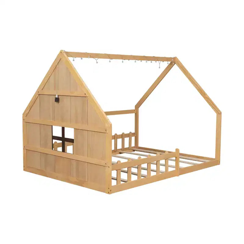 Full Size Kids Floor Bed, Wood House Bed with Fence, LED Light, Window & Roof