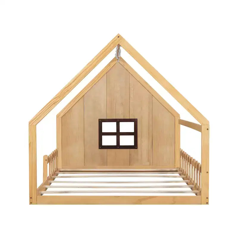 Full Size Kids Floor Bed, Wood House Bed with Fence, LED Light, Window & Roof