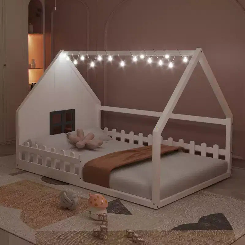 Full Size Kids Floor Bed, Wood House Bed with Fence, LED Light, Window & Roof