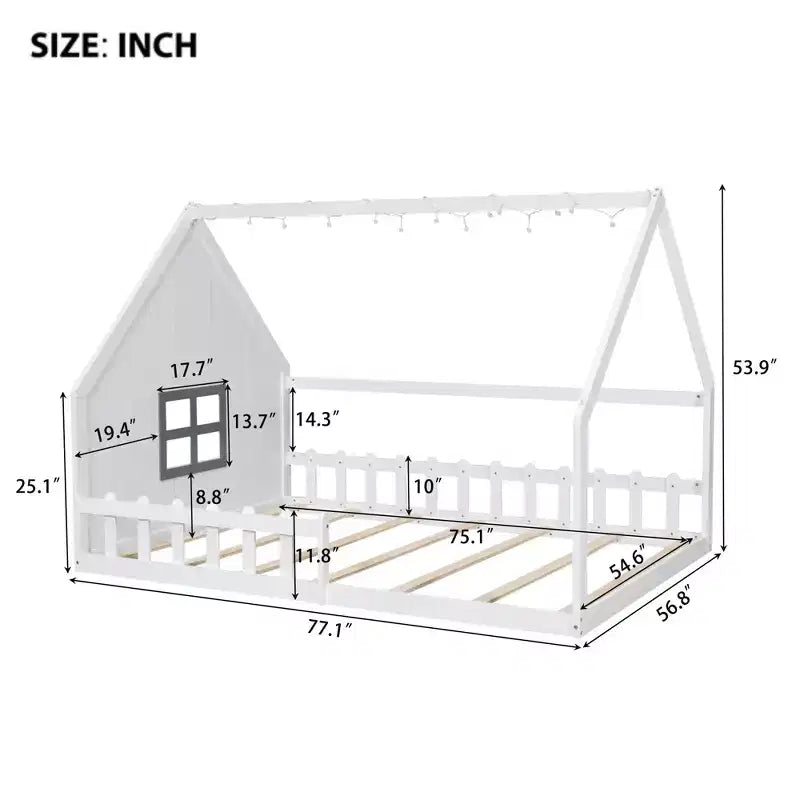 Full Size Kids Floor Bed, Wood House Bed with Fence, LED Light, Window & Roof
