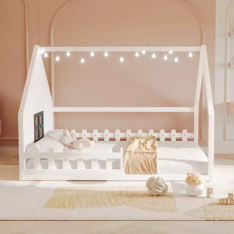Full Size Kids Floor Bed, Wood House Bed with Fence, LED Light, Window & Roof