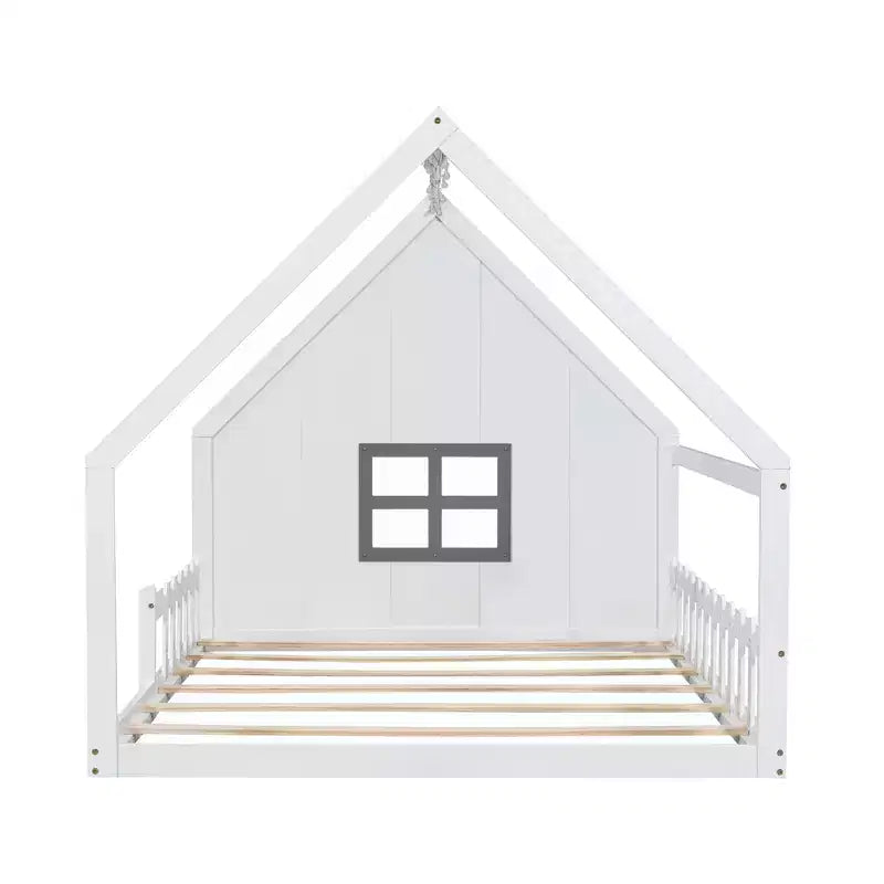 Full Size Kids Floor Bed, Wood House Bed with Fence, LED Light, Window & Roof