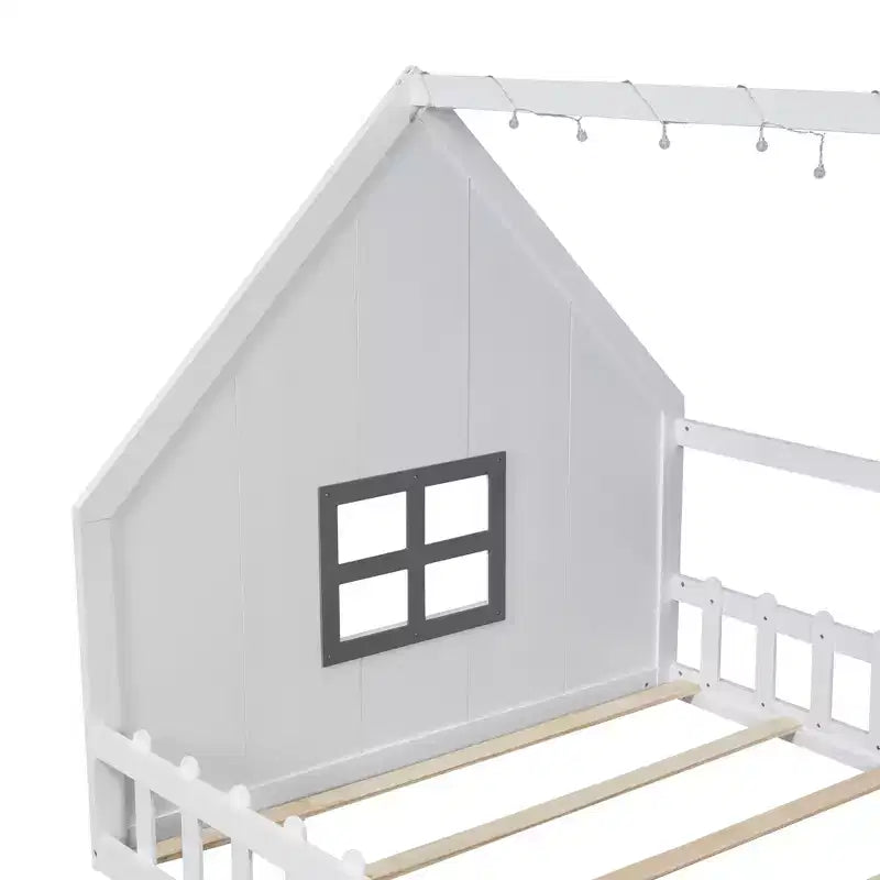 Full Size Kids Floor Bed, Wood House Bed with Fence, LED Light, Window & Roof