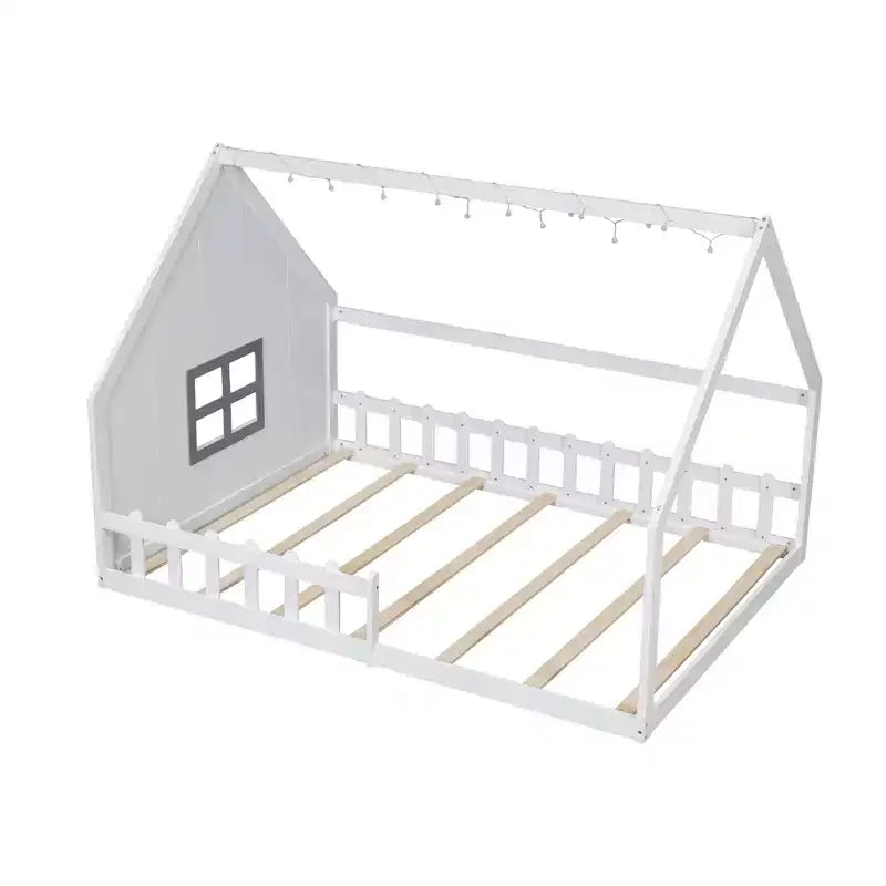Full Size Kids Floor Bed, Wood House Bed with Fence, LED Light, Window & Roof
