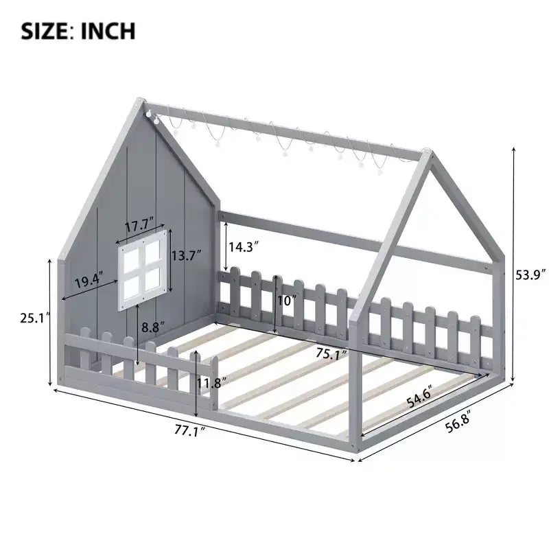 Full Size Kids Floor Bed, Wood House Bed with Fence, LED Light, Window & Roof