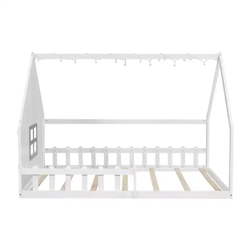 Full Size Kids Floor Bed, Wood House Bed with Fence, LED Light, Window & Roof